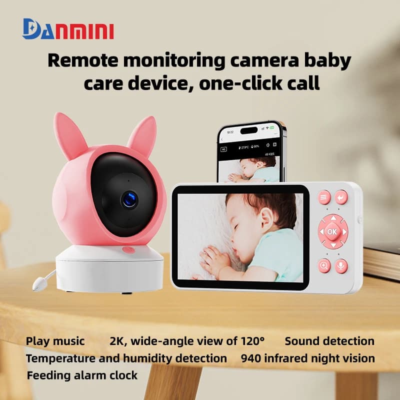 Danmini 1080P Baby Monitor Tuya App Telecomando Display HD da 5 pollici Citofono bidirezionale Babyphone Rilevazione della temperatura Babysitter