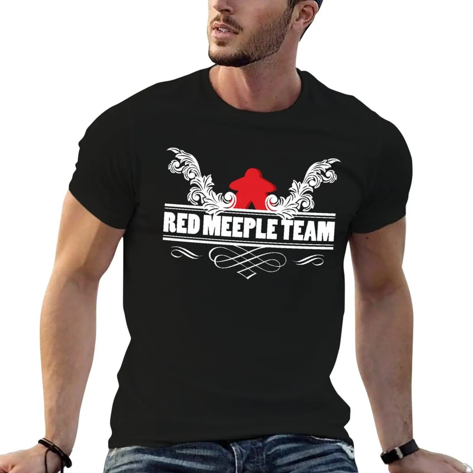 T-shirt con grafica Red Meeple Board Game Team Design, t-shirt grafiche per uomo, t-shirt divertenti, t-shirt in cotone, t-shirt in cotone 100%