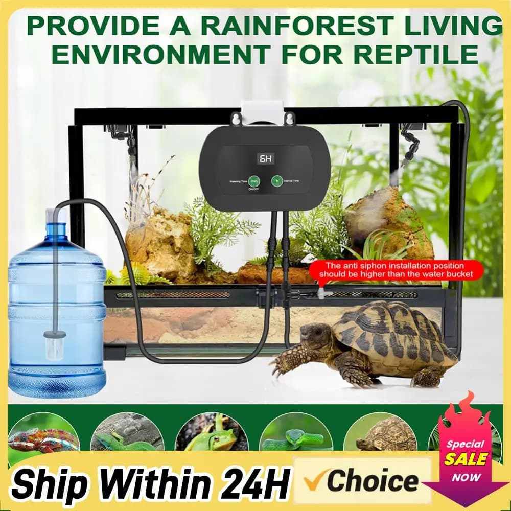 Nebulizzatore Intelligente per Rettili con Rotazione a 360° ° Umidificatori per Rettili con Ugelli Regolabili per Terrari, Anfibi, Lucertole, Serpenti, Rane e Piante