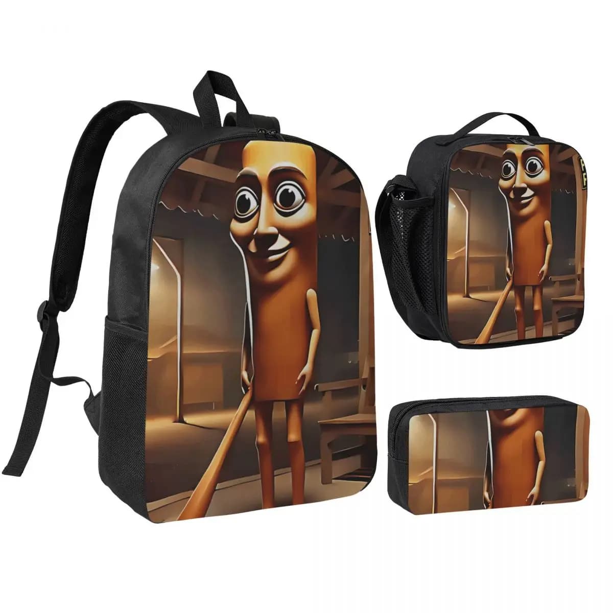 Tung Sahur 3pecs/set Backpack for Student Italian Brainrot Meme Shoulder Bag Lunch bag Pencil Case