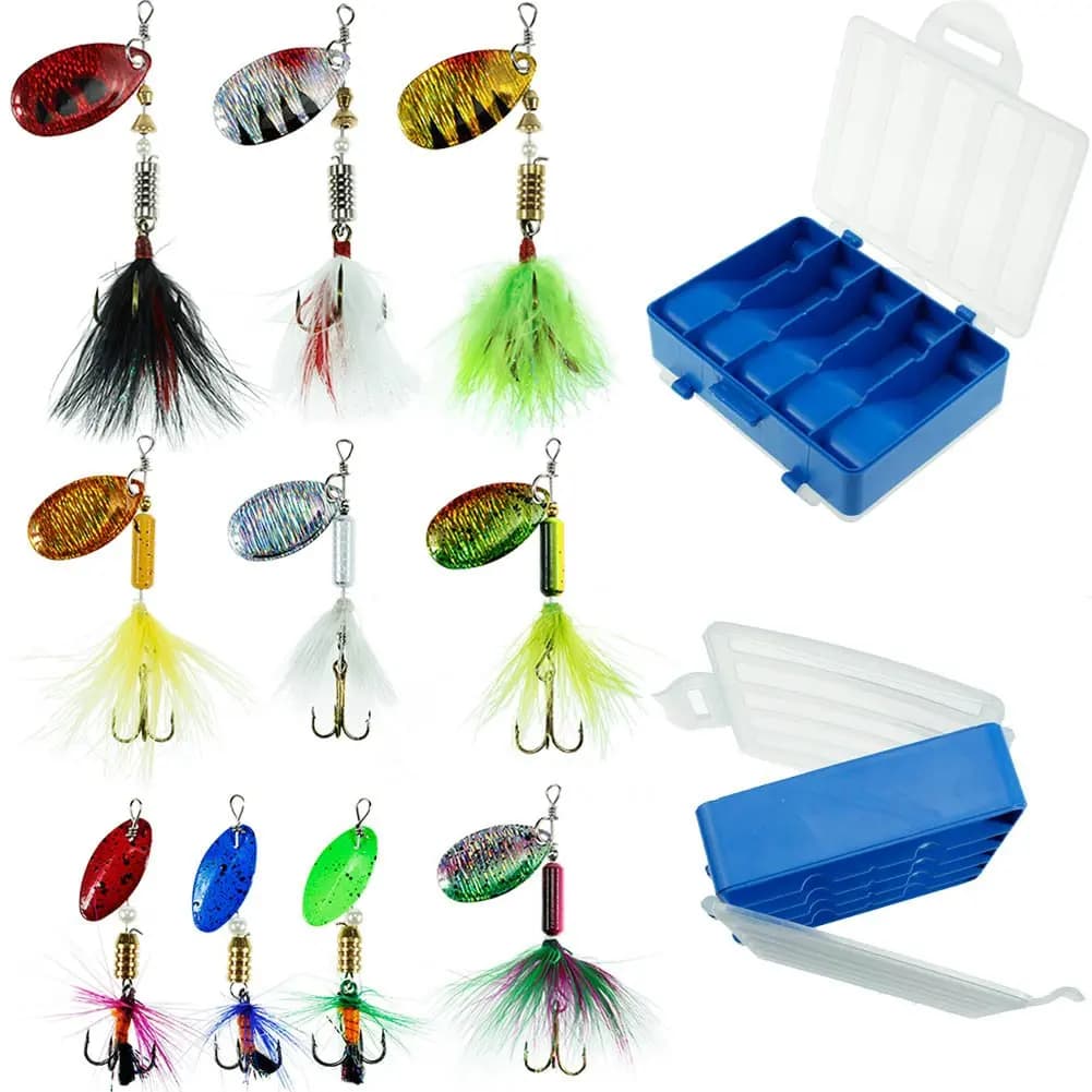 Fishing baits 10 pieces baits Spinner baits with equipment box, cocktail fishing kit in metal hard bass salmon