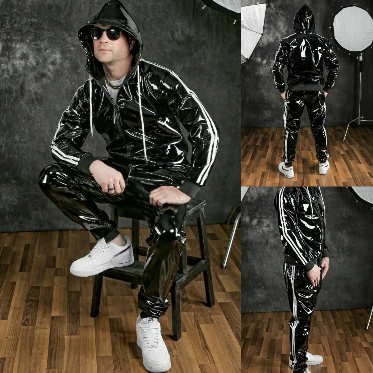 Giacca da uomo in pelle PU lucida Wetlook Giacca con cappuccio Tuta da jogging Abbigliamento sportivo Maglia e pantaloni da motocross