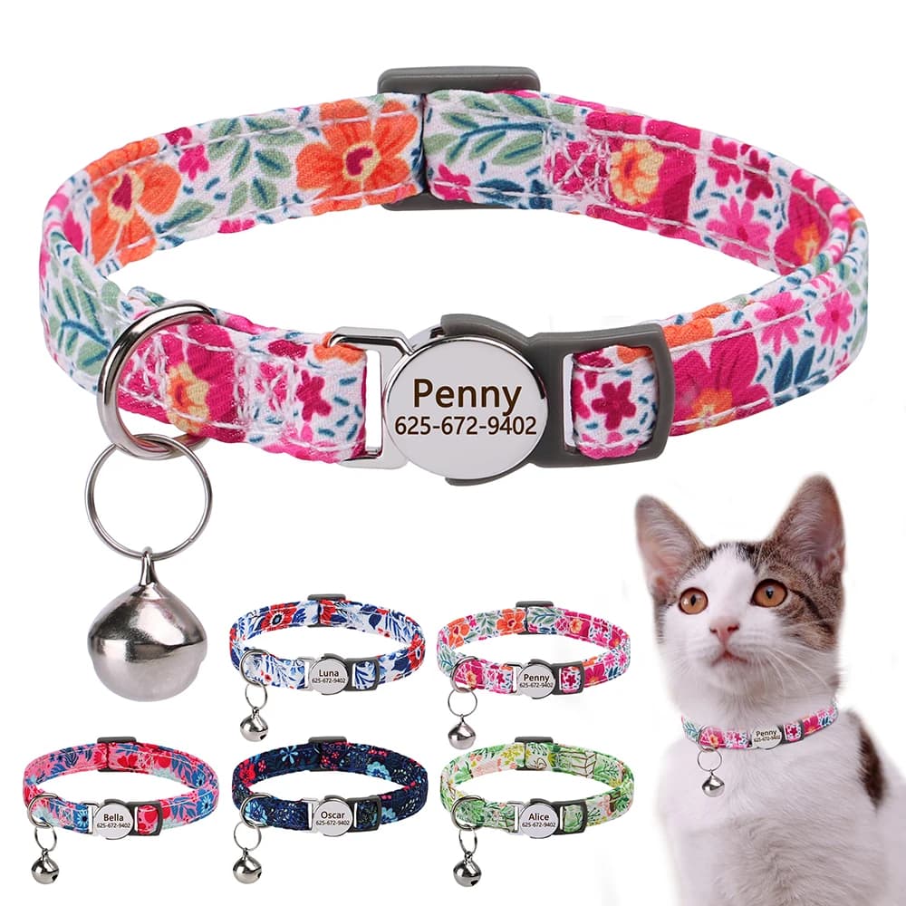 Collare per gatti personalizzato Collari per gatti gattini a sgancio rapido Collana per animali domestici in nylon con stampa carina con campana regolabile per gatti Cuccioli Rosa