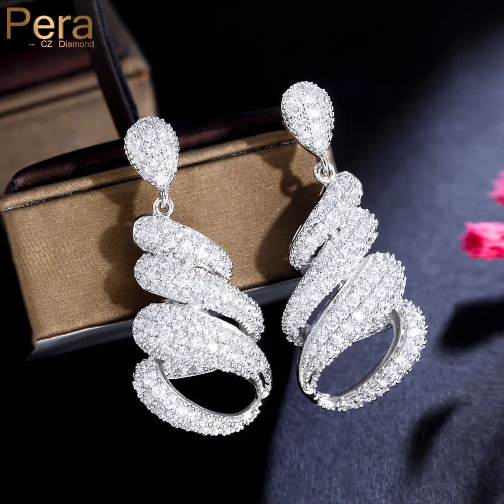 Pera Fashion ruota geometria Design Cubic Zirconia orecchini pendenti lunghi gioielli per la cena per le donne accessori per feste vestito E121