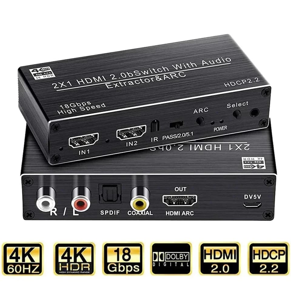 2 port HDMI Switch Audio Extractor with R/L+Toslink SPDIF+COAXIAL Audio Out Adapter 4K 60Hz HDMI ARC Audio Switcher 2x1 Selector