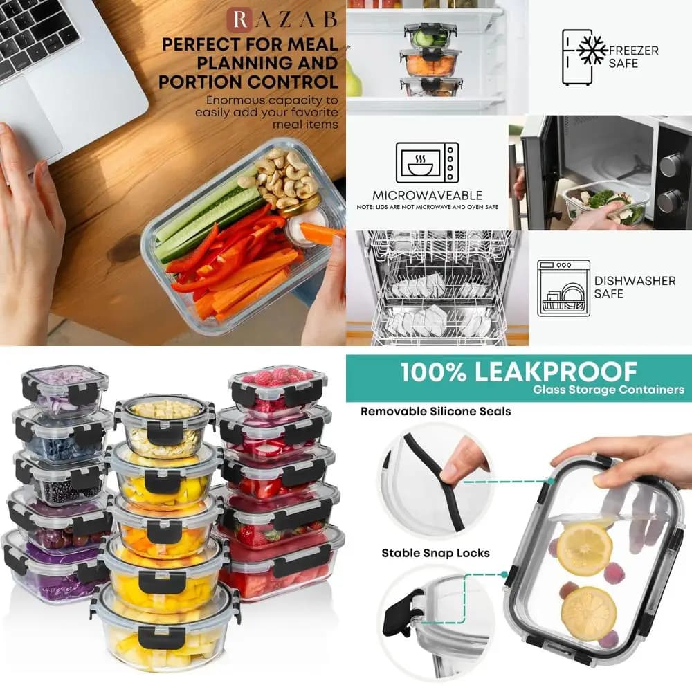 Contenitori per la preparazione dei pasti in vetro da 30 pezzi - Riutilizzabili, ermetici con coperchi a scatto - Ideale per il pranzo, gli avanzi e lo stoccaggio