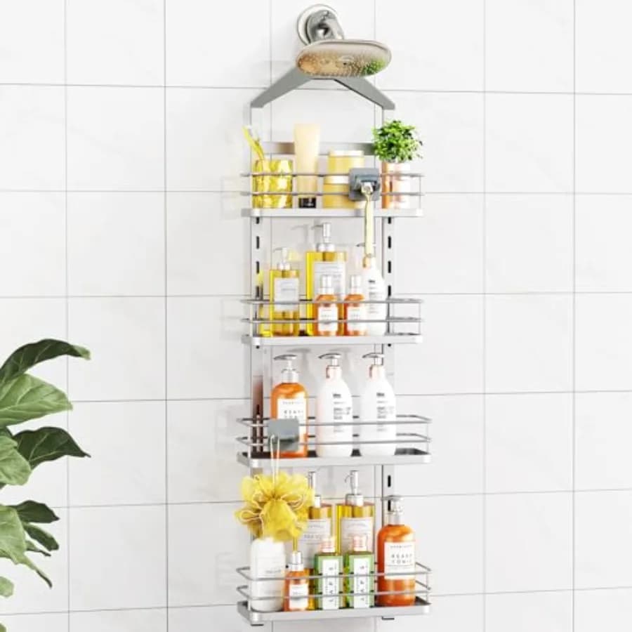 Caddy doccia regolabile in altezza, appendibile, anti-oscillazione, da appendere sopra la doccia - Organizzatore portaoggetti, mensole e cestini per il bagno