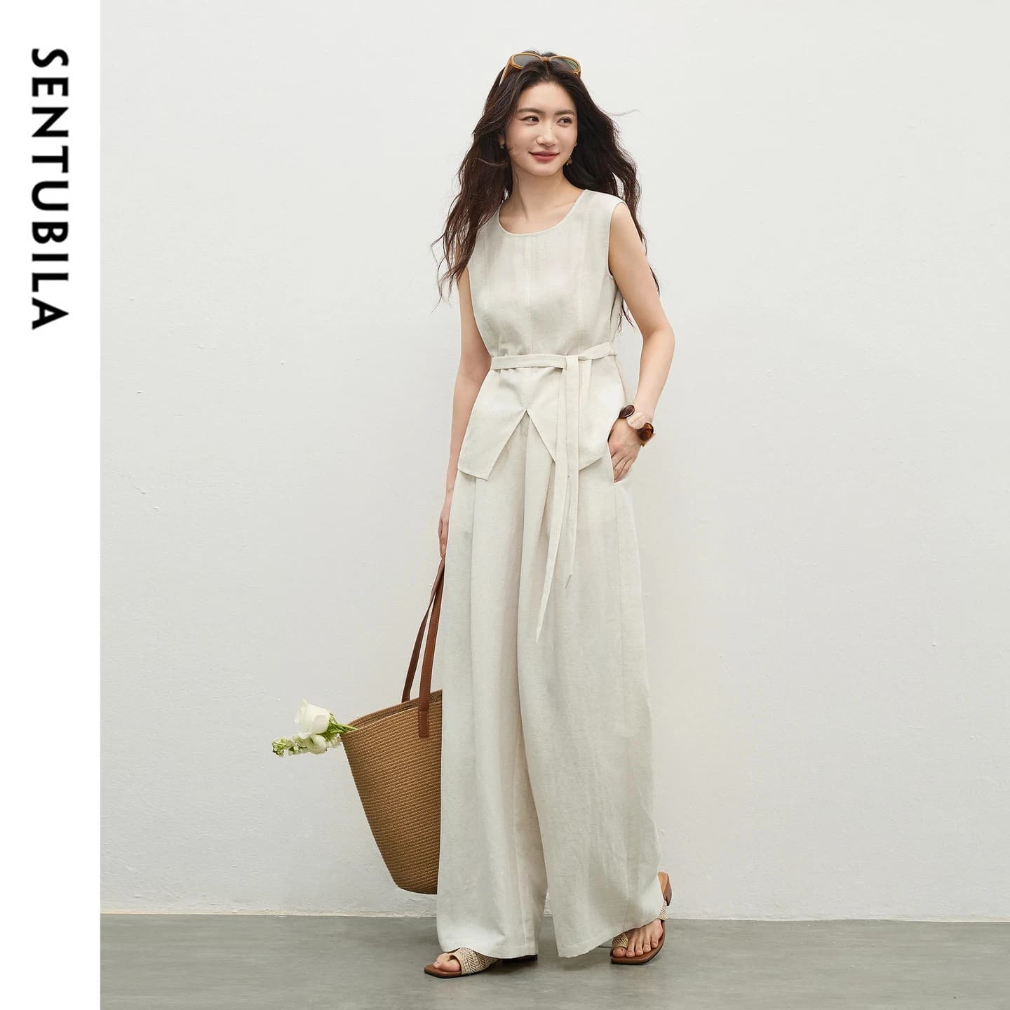 SENTUBILA Completo da Ufficio Coreano 2 Pezzi Donna 2026 Top Senza Maniche con Cintura Staccabile Pantaloni a Gamba Larga con Vita Elastica Outfit Comodo 162ZA6386