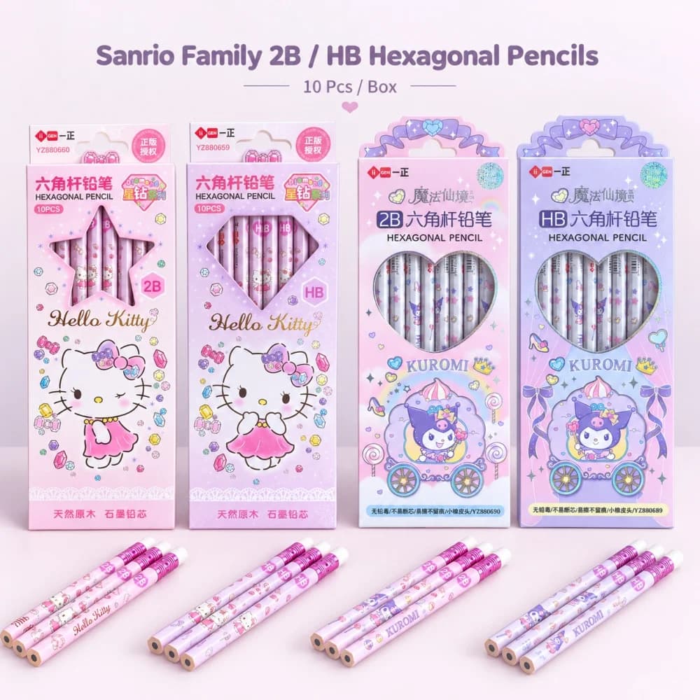 Genuine Sanrio Hello Kitty Kuromi 2B HB Hexagonal Pencil Set 10Pcs Box Character Goods Stationery for School Office Writing