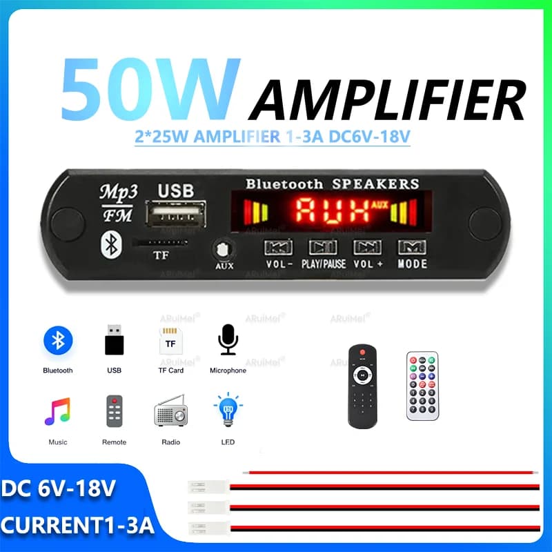 Amplificatore Audio Hi-Fi 2x25W DC6-18V 1-3A Mini Stereo con Telecomando, Cavo di Alimentazione, Cavo per Altoparlanti, Case in Plastica Nera