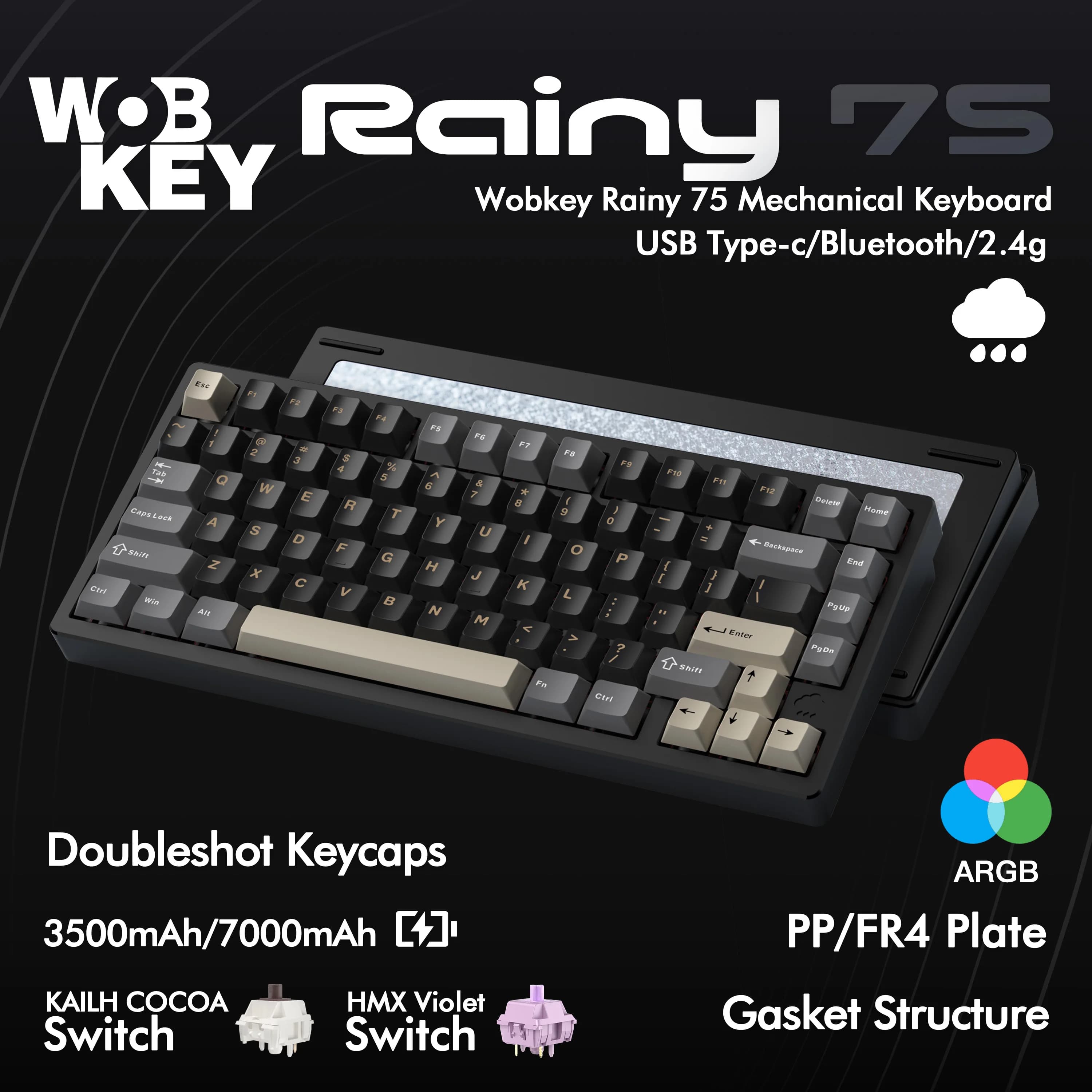 WOBKEY WOB Rainy75 Mechanical Keyboard Wireless Wired Game Keyboard Hot Replaceable 75% RGB for Windows Mac