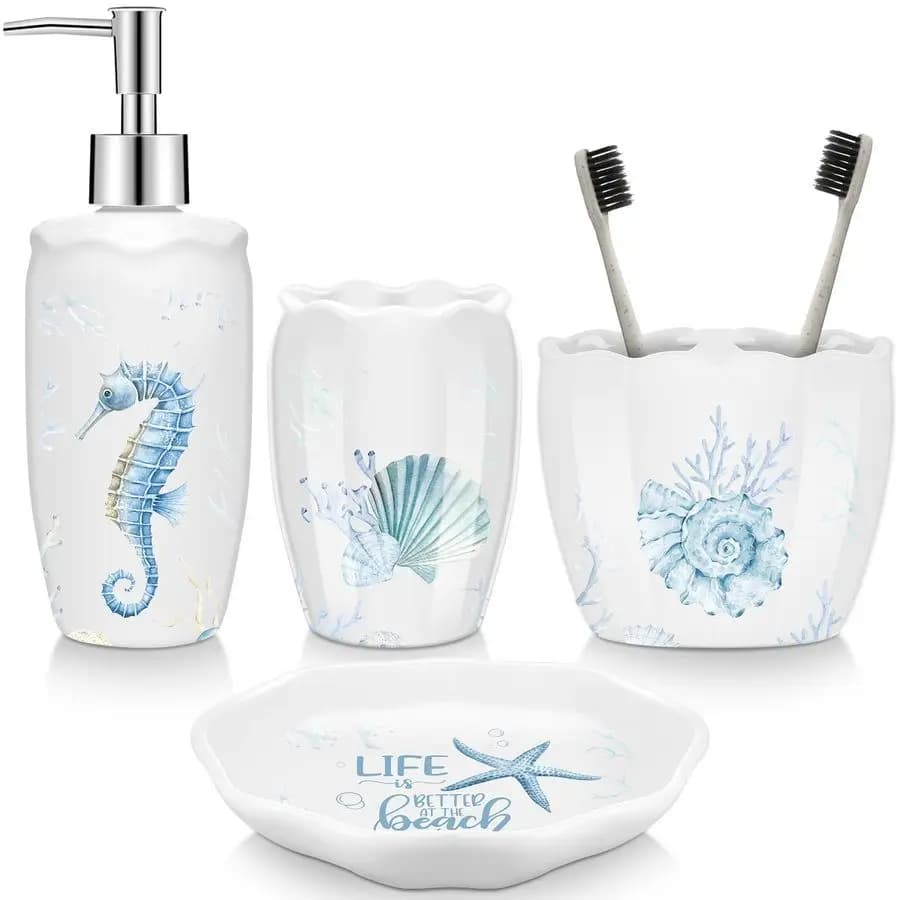 Set di 4 Accessori da Bagno a Tema Spiaggia, Decorazioni Bagno con Animali Marini, Bicchiere Sottomarino, Dispenser Sapone, Porta Spazzolino, Stella Marina
