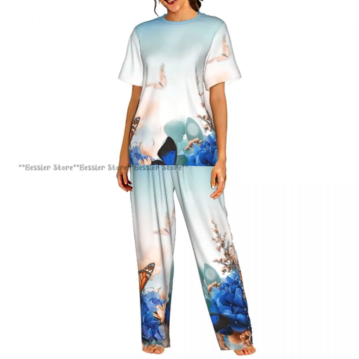 Women's pyjamas with blue and daisy hydrangeas, floral butterflies, short sleeves, 2 pieces, homewear and leisure