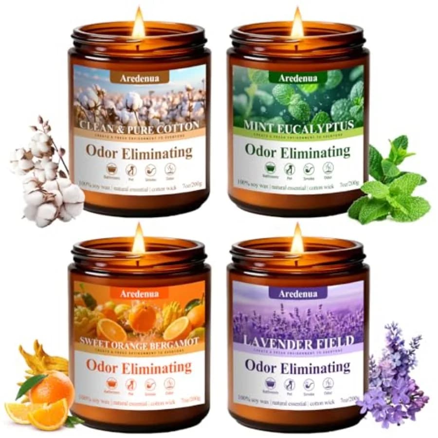 Set di 4 Candele Elimina Odori - Elimina il 95% di fumo di animali domestici, cibo e altri odori - Candele di soia non tossiche fatte a mano