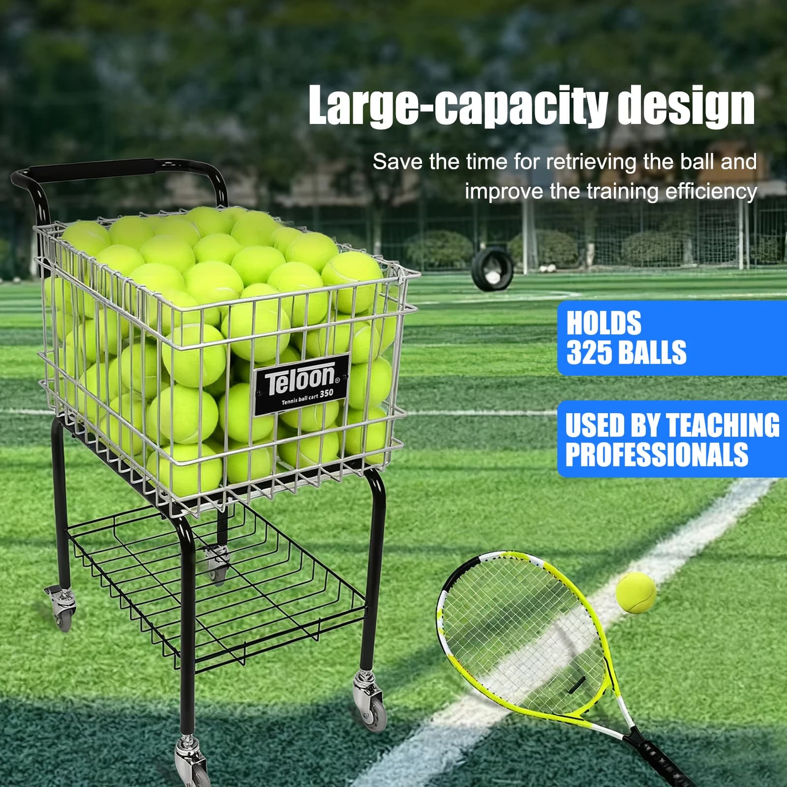 Carrello Portapalline con Ruote per Tennis/Pickleball/Baseball/Softball, Capacità 350 Palline, Facile da Caricare, in Acciaio Portatile