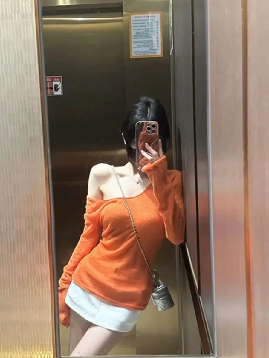 T-shirt Donna Slim Fit a Maniche Lunghe Dopamine Orange, Nuovo Stile Estivo, Sexy, Protezione Solare, Top alla Moda, Stile Coreano, per il Pendolarismo