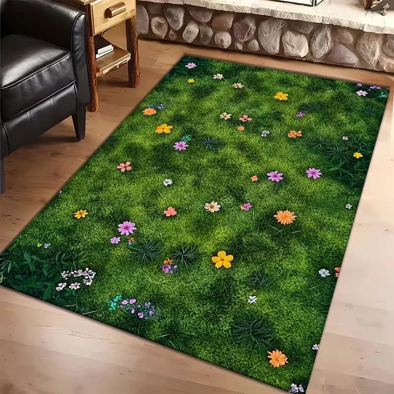 Realistic Green Lawn Wild Daisy Flower Print Rug Non Slip Carpet Nature Garden Style Kids Room Living Room Bedroom Decor Mat