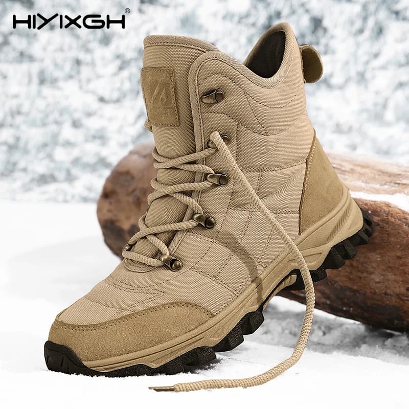 Scarpe da trekking alte da uomo Stivaletti da passeggio invernali all'aperto Stivali da neve caldi in peluche in tessuto Oxford impermeabile Stivali da lavoro casual