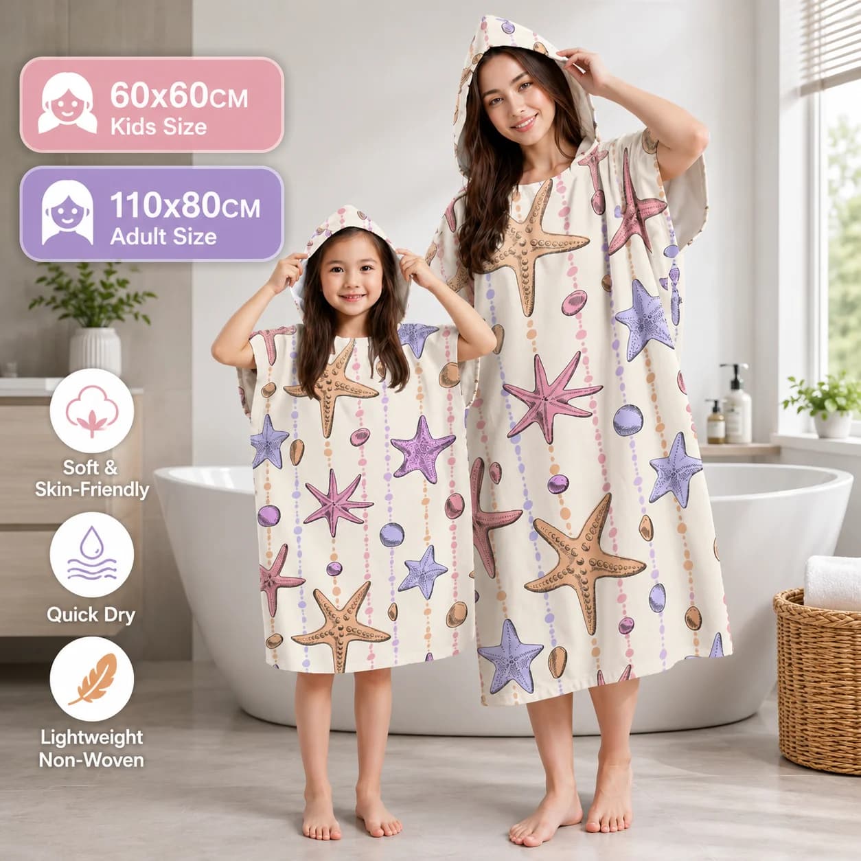 Poncho con Cappuccio Coordinato Mamma e Figlia, Asciugamano con Stampa di Stelle Marine, Accappatoio per Bambini e Adulti, Ideale per Spiaggia e Viaggi