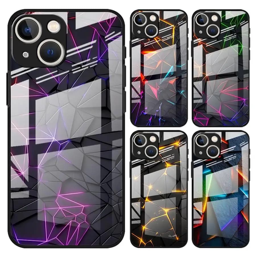 Cover in Vetro per iPhone 17 Pro Max 15 Plus Air XR 12 11 16 13 8 14, Design Geometrico in Fibra di Carbonio