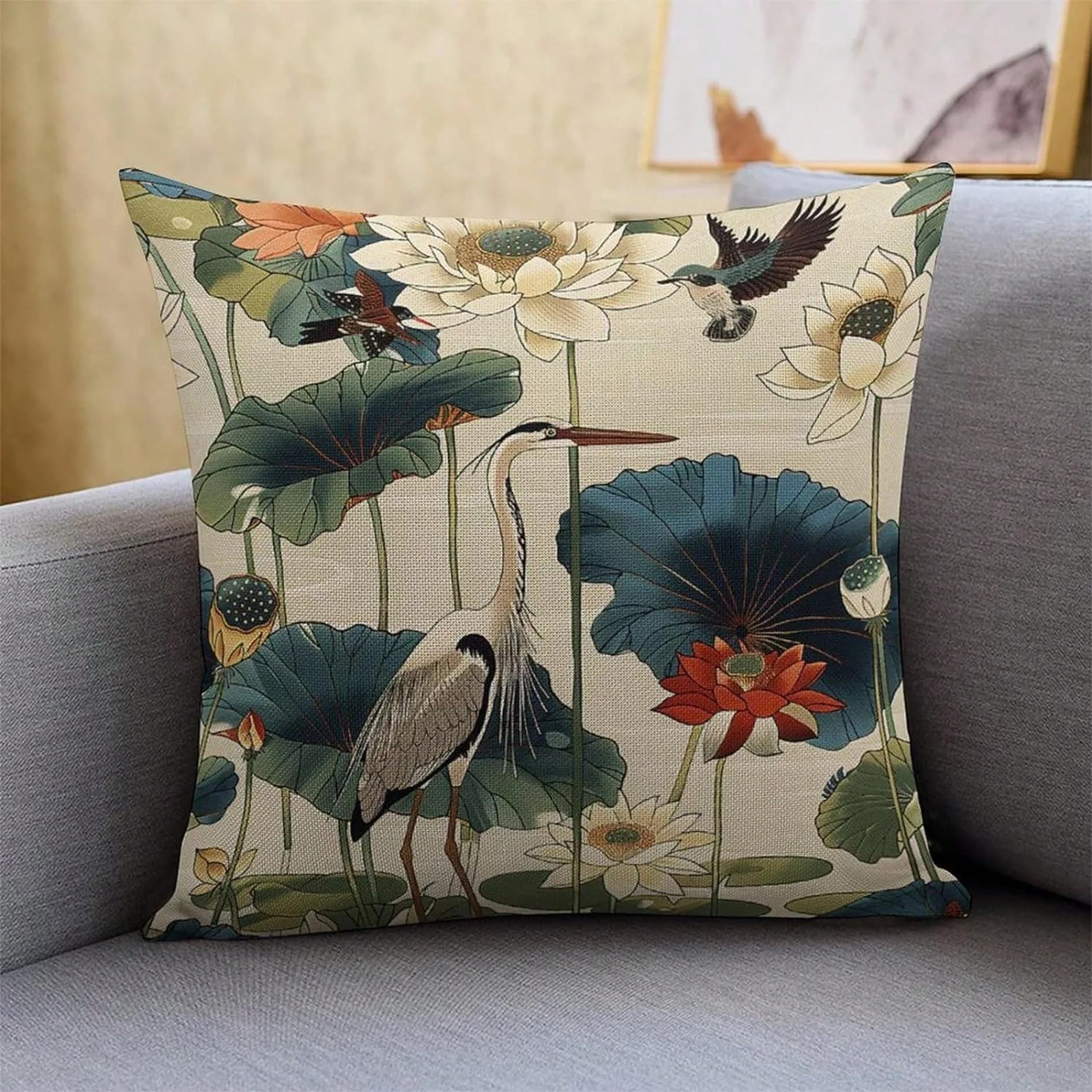 1 Lotus Heron pillow lining, 2D print on both sides, soft linen pillow lining, living room decoration, bedroom, sofa, stylish atmosphere gift