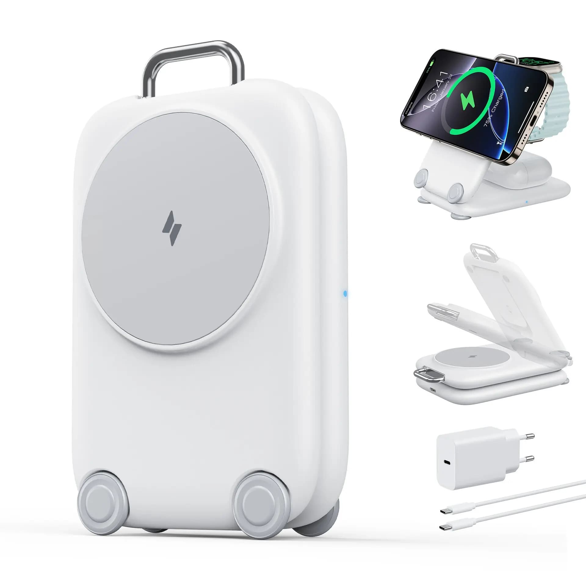 Caricatore Wireless Magnetico Portatile Pieghevole Tre-in-Uno da 15W, Bianco con Adattatore Europlug, Adatto per Telefoni e Cuffie