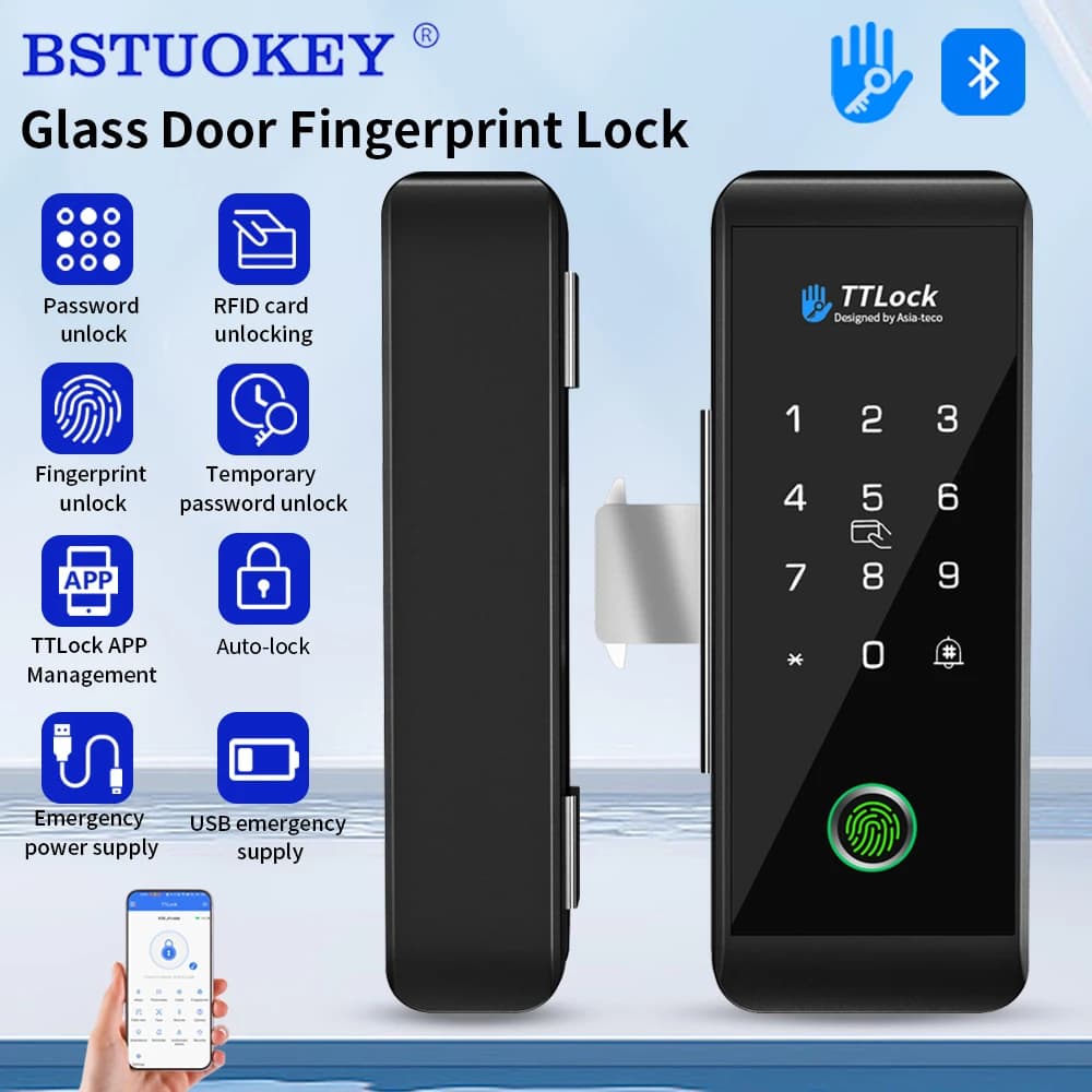 TTLOCK APP Installazione semplice Serratura per porta in vetro Smart 13,56 MHZ RFID sblocco password riconoscimento delle impronte digitali serratura per ufficio