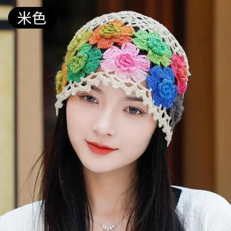 Spring Autumn Handmade Knit Hat for Women, Pull-On Crochet Beanie, Versatile Hollow Flower Wool Cap