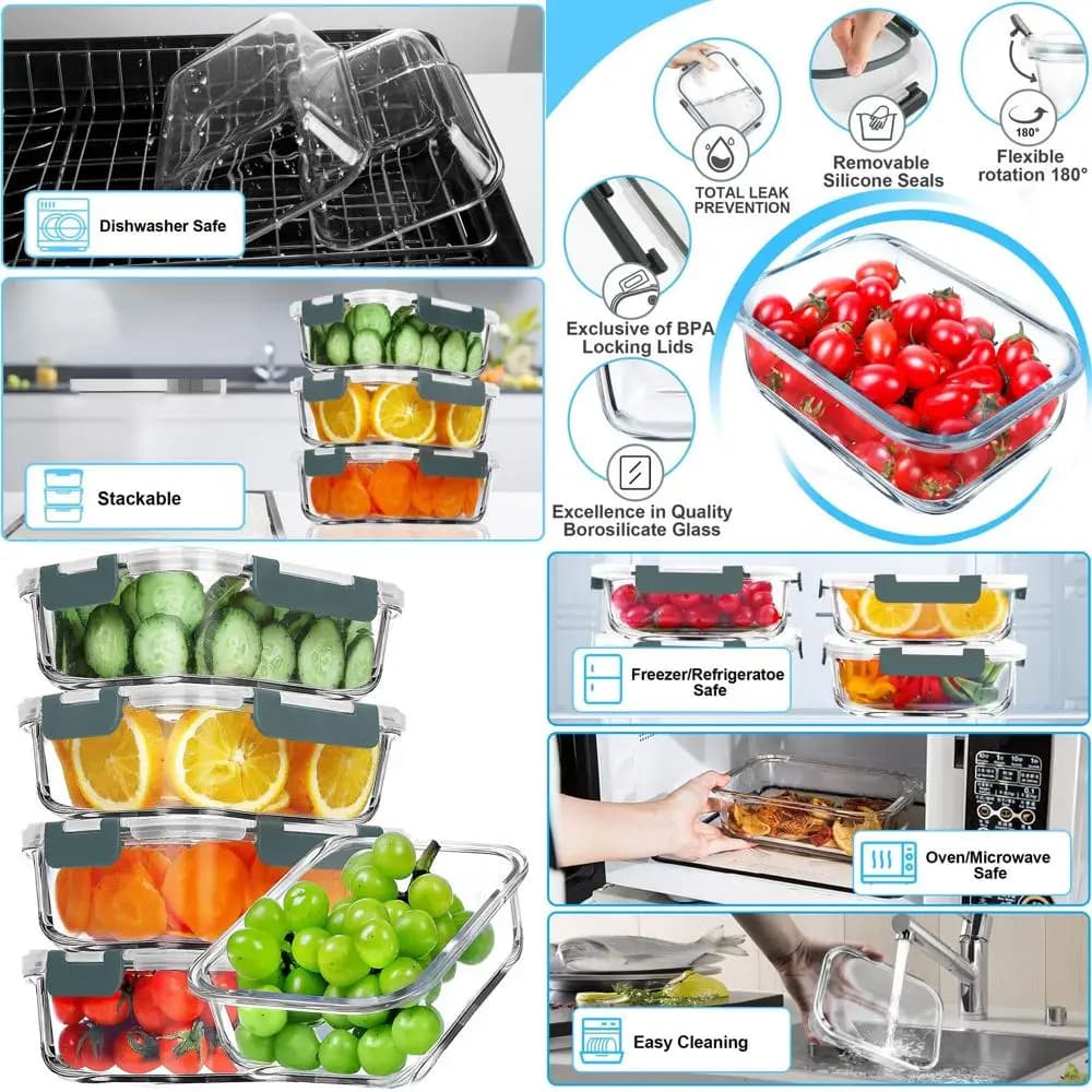 Confezione da 5 contenitori ermetici per la preparazione dei pasti in vetro da 36 once, senza BPA, microonde, forno, congelatore e lavabili in lavastoviglie, grigio