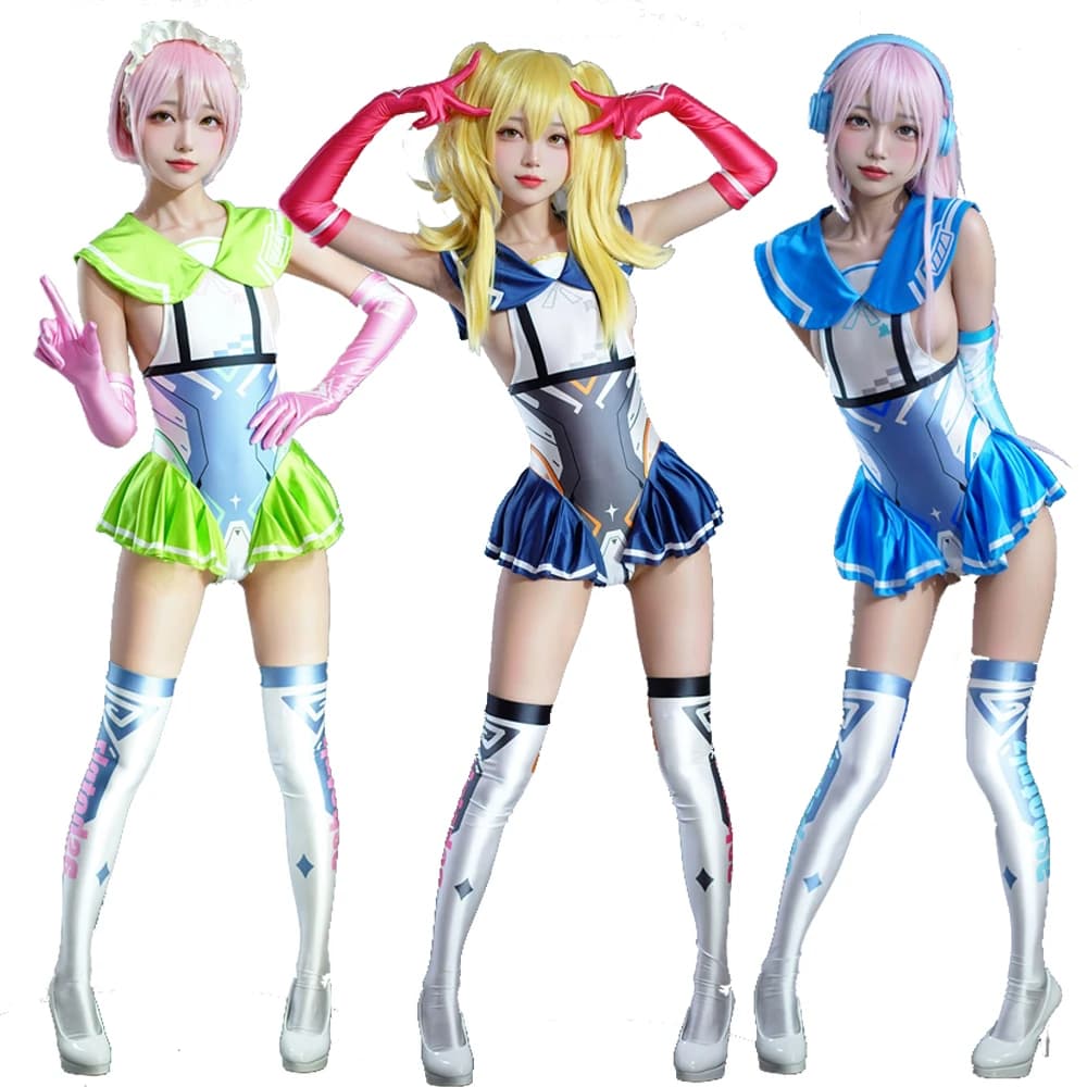 Costumi da bagno cosplay senza maniche da donna Party Clubwear Set di costumi da bagno carini Gonna da bagno Body Guanti Cosce Body Costumi da bagno