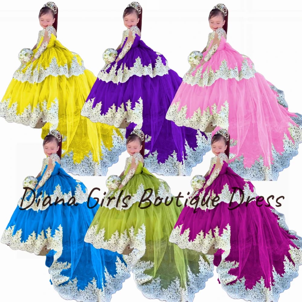 Abito da ragazza di fiori in tulle a strati per maniche lunghe Sweep Train Abiti da sposa da spettacolo principessa con fiocco Abito da festa di compleanno per bambini