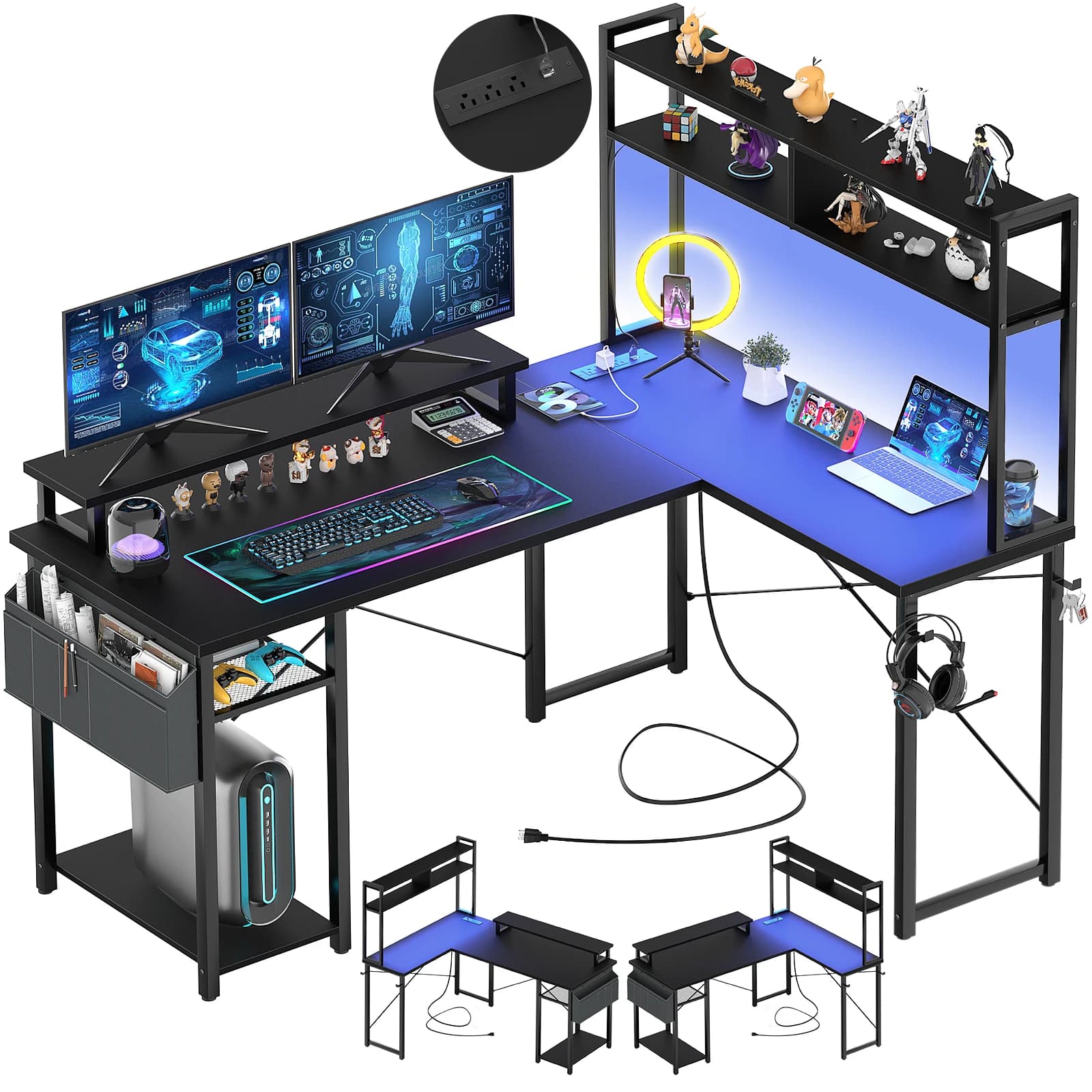 Aheaplus Small L‑Shaped Gaming Desk with LED Lights & Power Outlets, Reversible Corner Computer Desk with Monitor Stand & Storage Shelf, Home Office Desk with Storage Bag & Headphone Hook – Black