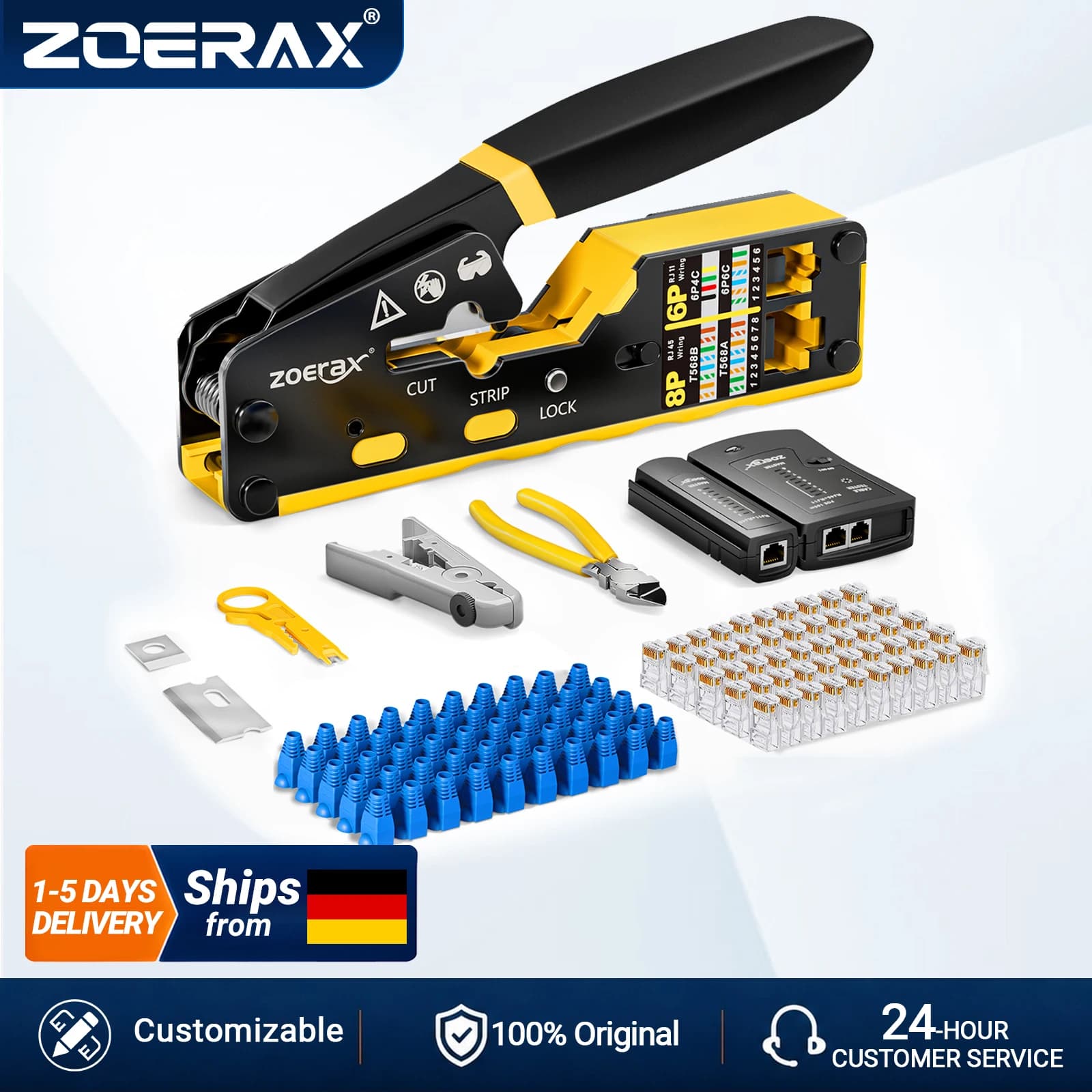 ZoeRax RJ45 CAT6 CAT5E Kit of crimping tools, crimping tool, cable tester, cutter and profiles, blade, 50 connectors and boots
