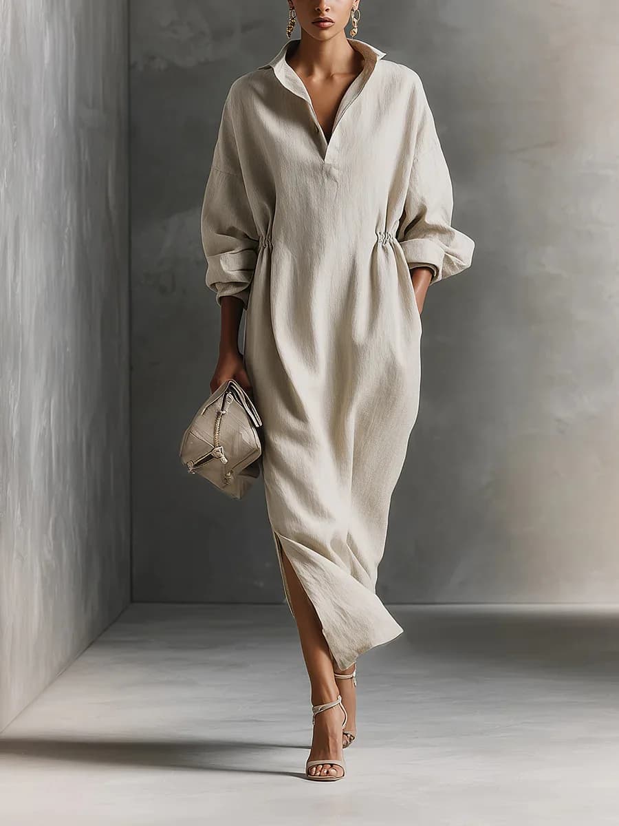 Elegant Long Dress Women's Dress 2026, Fashion Casual Dress with Turned Collection and Lateral Split, Vintage Dress with Ribbed Details, Large Dress