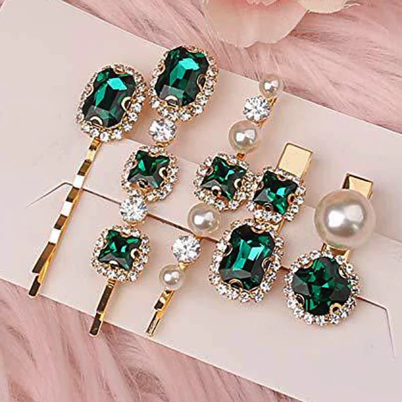 Accessori per capelli alla moda con strass scintillanti Set di fermagli per capelli rotondi quadrati Set di fermagli per capelli in cristallo verde per donne e ragazze