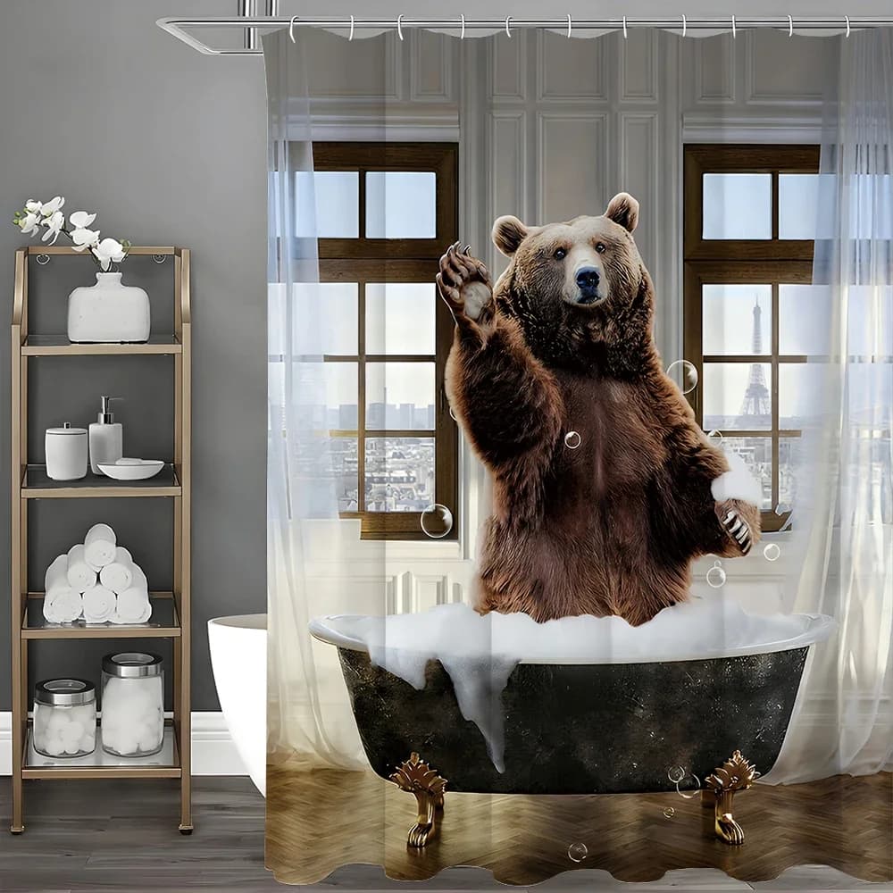 Orso bruno in piedi nella vasca da bagno che dice ciao divertente tenda da doccia, tenda da doccia decorativa per il bagno, tenda da doccia impermeabile wi