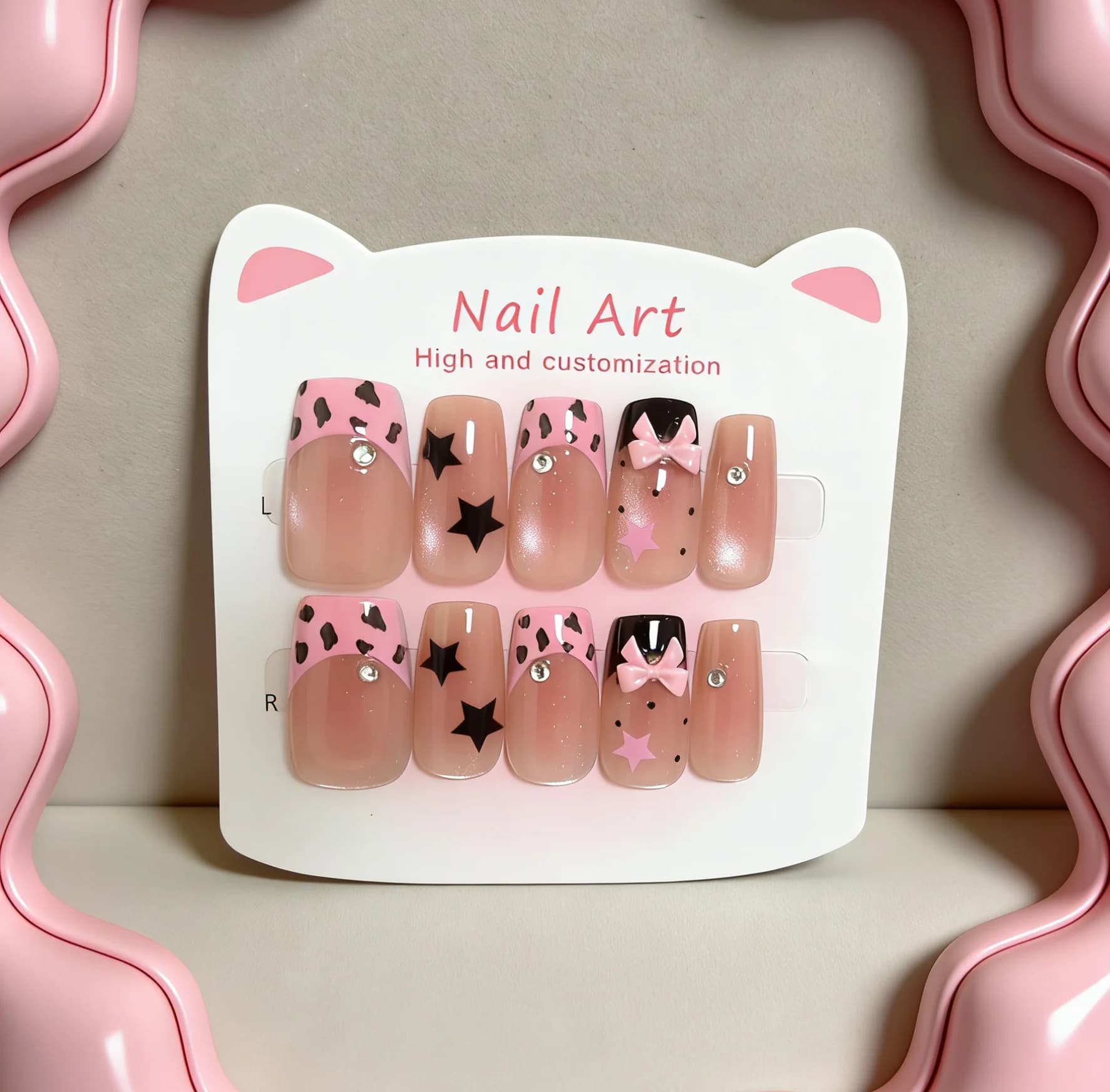 10 pz. Unghie Finte Corte Quadrate Press-On Rosa con Stampa Leopardata, Design a Stella e Fiocco, Riutilizzabili, Unghie Finte Y2K Carine con Strass