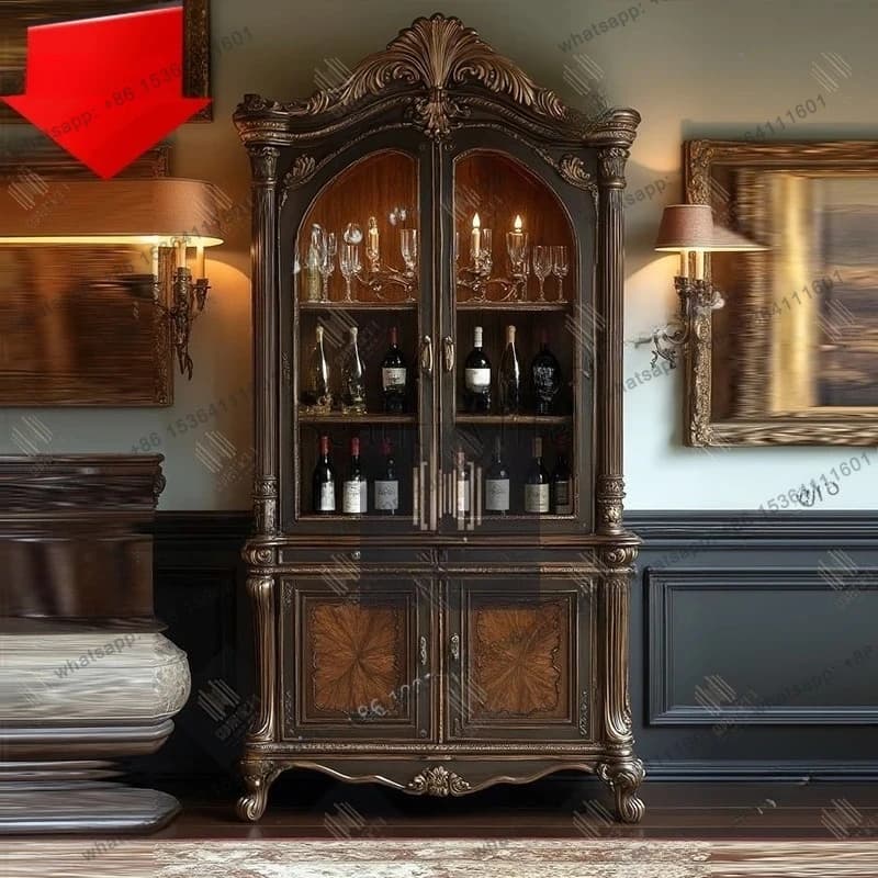 Armadietto da vino francese in legno massello, armadietto decorativo in vetro a doppia porta, armadietto da parete per soggiorno