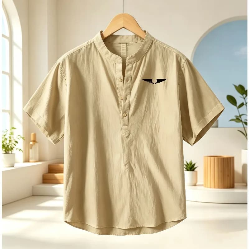 Men's cotton and linen Henley collar short sleeved shirt, pattern printed breathable casual top, loose stand collar lightweight