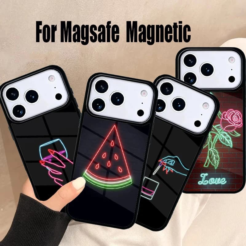 Custodia per telefono con luce al neon per iPhone 17 Air 16e 15 14 13 12 11 Pro Max Plus, Cover magnetica wireless Magsafe