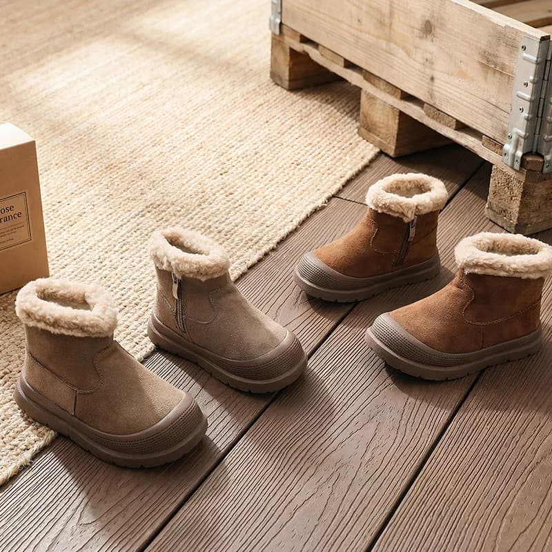 Kids'Snow Boots Solid Color PU Leather Fashion Winter Flat Shoes For Children Anti-slip Soft Bottom Warm Khaki Brown Size 16-26