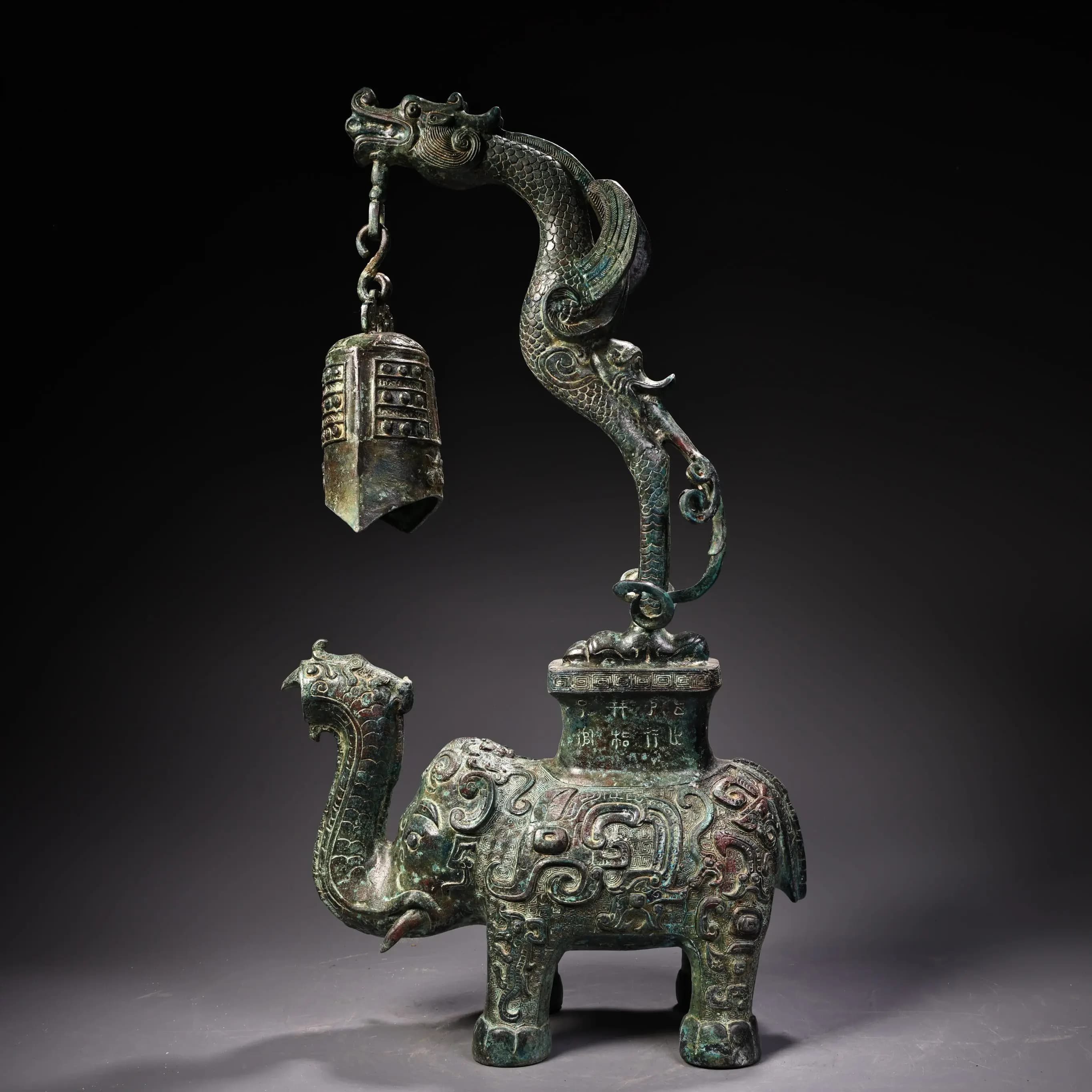 24"Tibetan Temple Collection Old Bronze Cinnabar Hanging Dragon Statue Chime Bell Elephant statue wealth Ornaments Town house