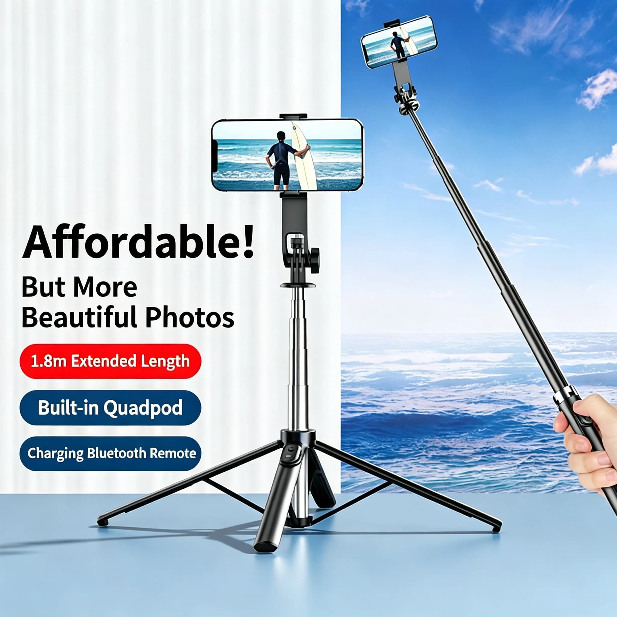 Selfie stick tripod for travel and concerts, phone shooting stand, 360-degree rotation, vlog selfies, outdoor travel, super port