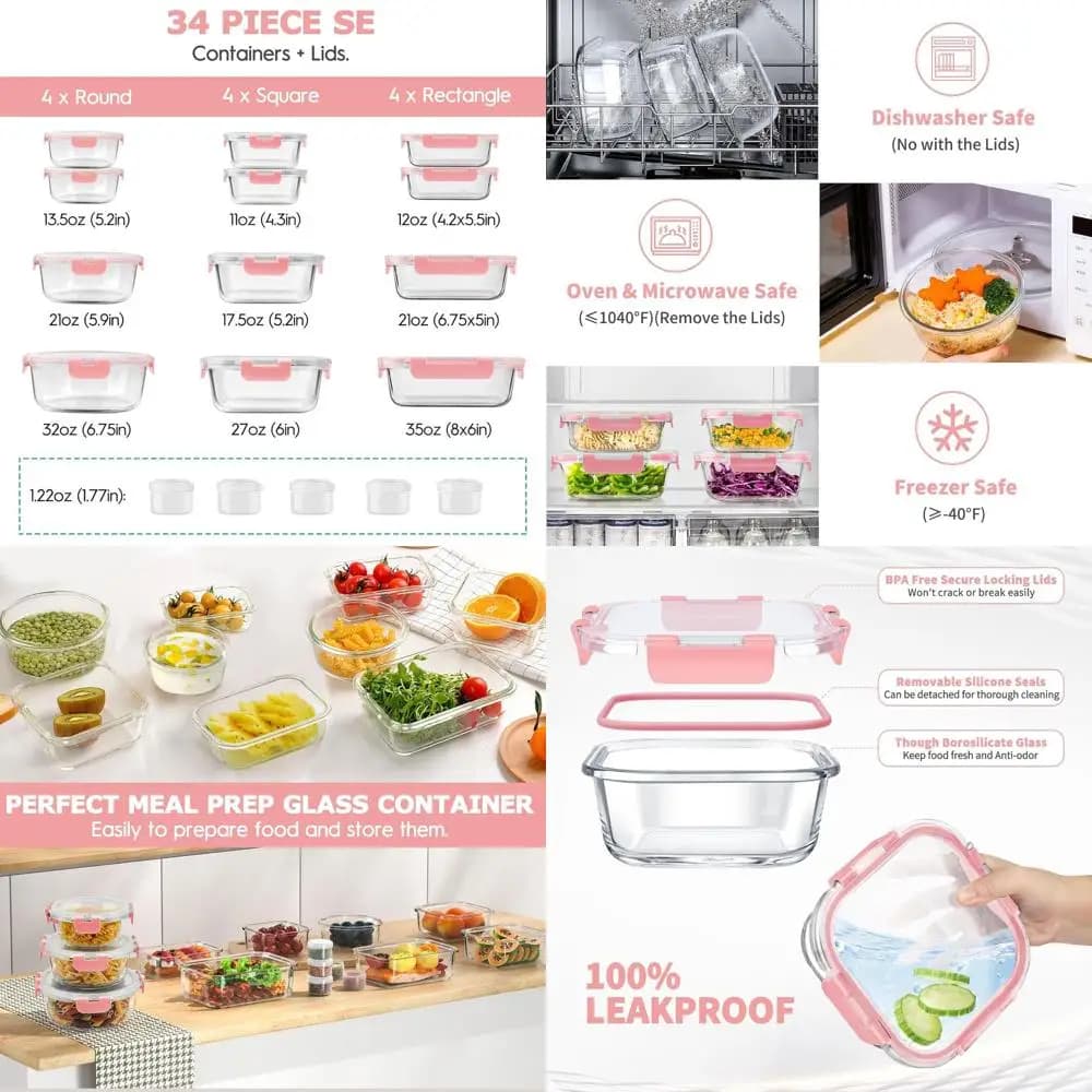 Contenitori per la preparazione dei pasti in vetro rosa ermetici, set da 34 pezzi con 17 contenitori e coperchi a prova di perdite, senza BPA, sicuri per microonde, Ove