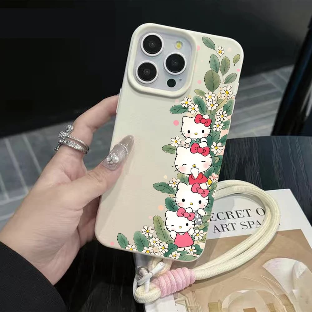 Custodia Morbida per iPhone con Cordino, Motivo Floreale a Grappolo e Hello Kitty, Effetto Litchi, per iPhone 16 Air 17 15 14 13 12 11 Pro Max XS X XR