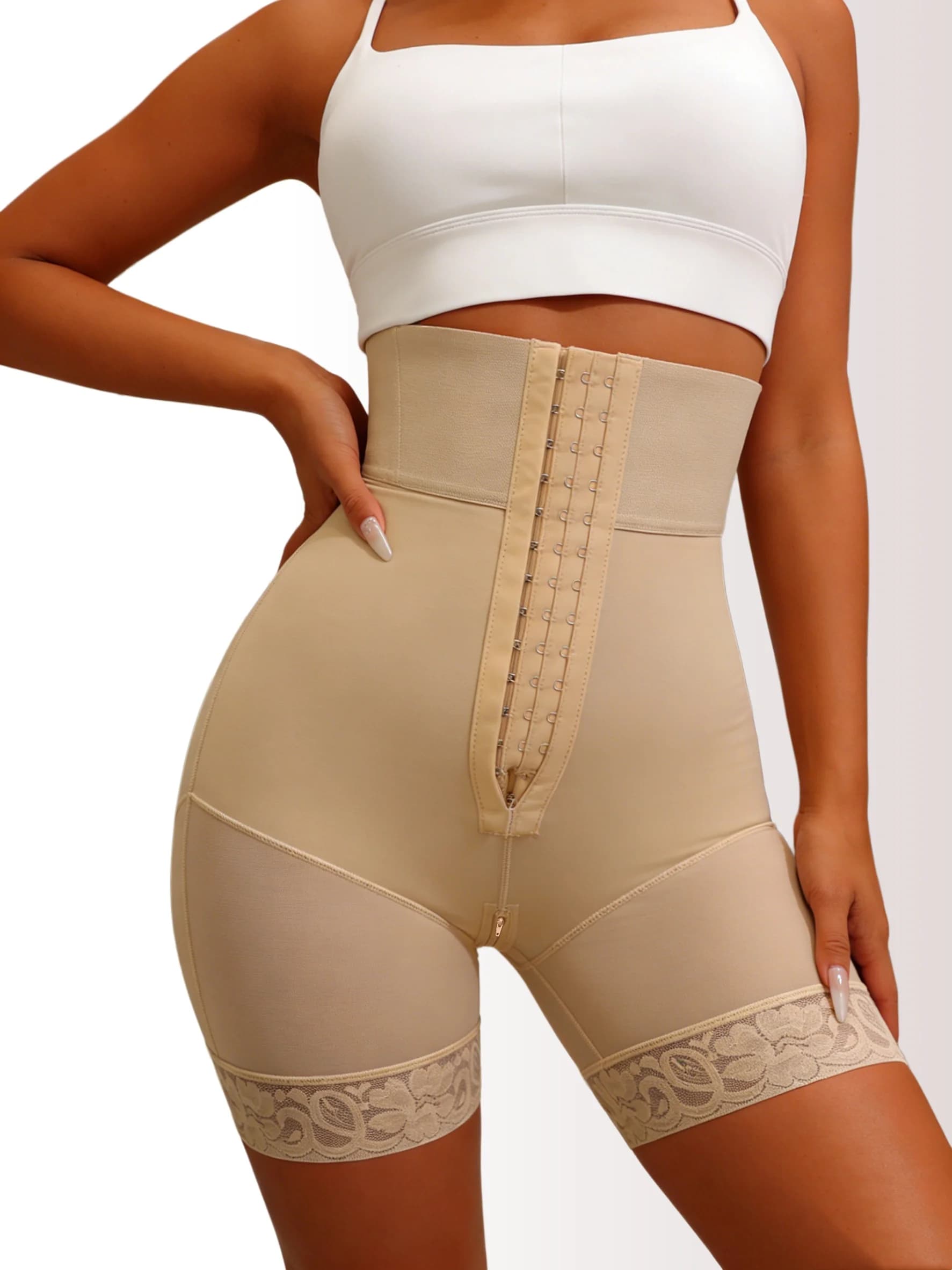 Pantaloncini Modellanti a Compressione Elevata da Donna con Chiusura Frontale a Gancio, Controllo Pancia e Effetto Lisciante