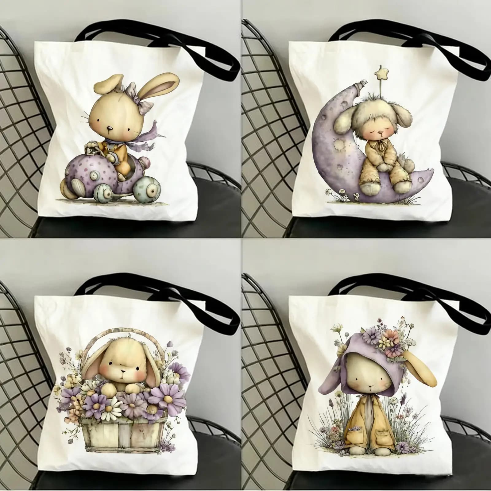 Baby Bunny Easter Storage Bags Canvas Tote Bag Double-Sided Print Lightweight Shoulder Travel Beach Bag for Daily Use