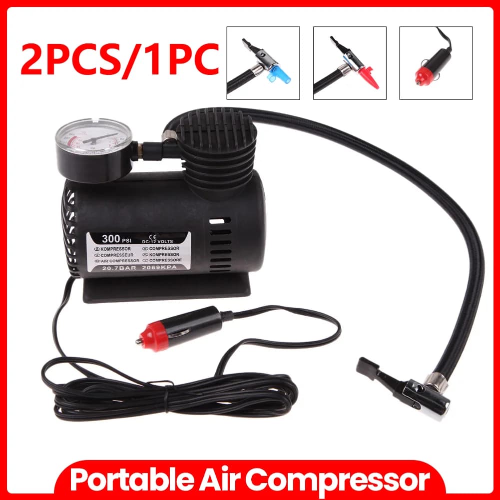 Compressore d'Aria 12V con Manometro, Pompa Elettrica per Pneumatici Auto, Moto e Bici