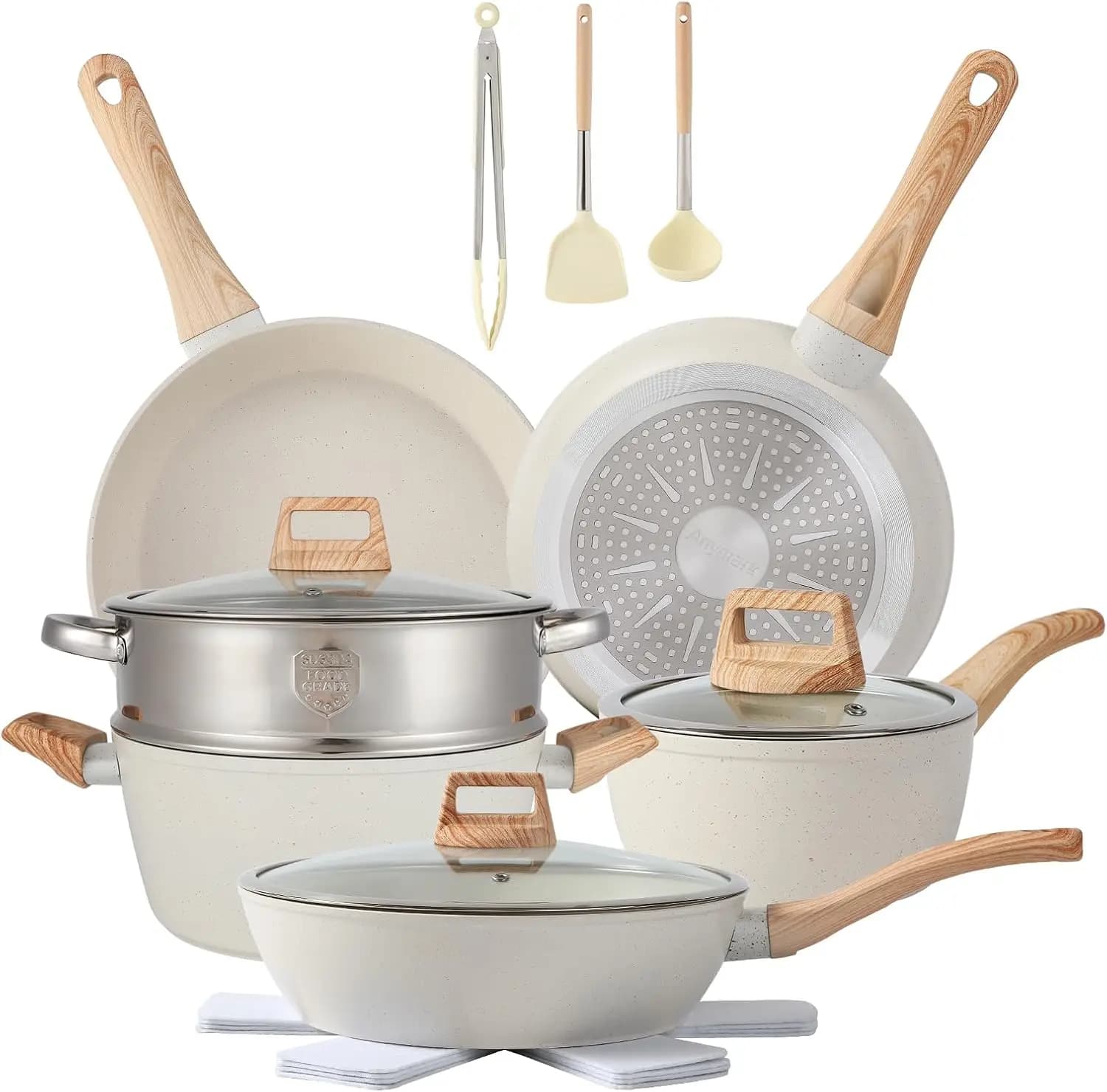 Set di 16 Pentole e Padelle Antiaderenti, Set di Utensili da Cucina con Padelle e Vaporiera