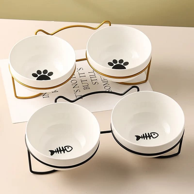 Poursweet Ciotola per gatti per animali domestici Alimentatore per acqua in ceramica Dispenser per piatti per alimenti con supporto rialzato e tappetino per gattini e cuccioli in metallo rialzato
